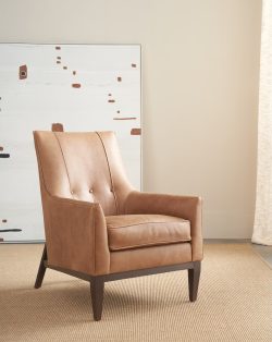 Rowe - Tan Leather Armchair With Button Tufting On Light Rug Near Abstract Art Home Decor