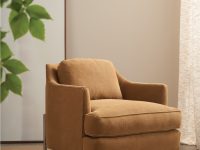 Rowe - Tan Upholstered Armchair With Metal Legs On Rug Near Large Mirror Home Decor