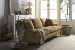 Rowe - Tan Upholstered Sofa With Plush Cushions Under Large Window Near White Console Table Home Decor