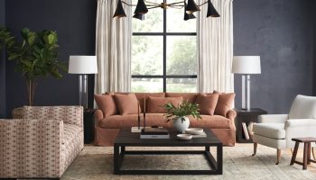 Rowe - Terracotta Sofa With Plush Cushions Under Large Window Near Patterned Armchair And Black Coffee Table In Home Decor Setting