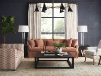 Rowe - Terracotta Sofa With Plush Cushions Under Large Window Near Patterned Armchair And Black Coffee Table In Home Decor Setting