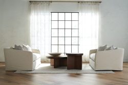 Rowe - Two Beige Sofas With Plush Cushions Under Large Window Near Wooden Coffee Tables On Light Rug In Living Room