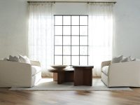 Rowe - Two Beige Sofas With Plush Cushions Under Large Window Near Wooden Coffee Tables On Light Rug In Living Room