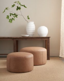 Rowe - Two Brown Leather Ottomans Under Wooden Console Table With White Vases And Greenery Home Decor