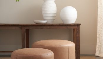 Rowe - Two Brown Leather Ottomans Under Wooden Console Table With White Vases And Greenery Home Decor