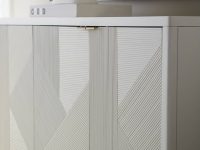 Rowe - White Console Table With Geometric Ribbed Panel Doors Under Wooden Console Table Near Large Mirror Home Decor