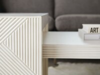Rowe - White Geometric Ribbed Coffee Table With Books Near Grey Sofa Home Decor
