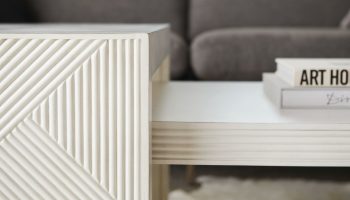 Rowe - White Geometric Ribbed Coffee Table With Books Near Grey Sofa Home Decor