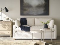 Rowe - White Sofa With Dark Throw Near Wooden Console Table And Abstract Painting, Home Decor