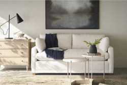 Rowe - White Sofa With Dark Throw Near Wooden Console Table And Abstract Painting, Home Decor