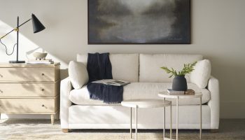Rowe - White Sofa With Dark Throw Near Wooden Console Table And Abstract Painting, Home Decor