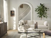 Rowe - White Sofa With Throw Blanket Under Archway Near Wooden Console Table, Large Plant, Home Decor, Upholstery