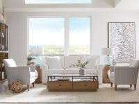 Rowe - White Sofa With Two Armchairs On Light Rug Under Large Windows Near Wooden Console Table Home Decor