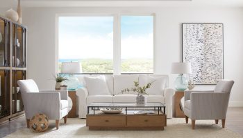 Rowe - White Sofa With Two Armchairs On Light Rug Under Large Windows Near Wooden Console Table Home Decor