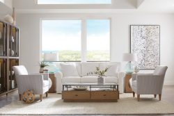 Rowe - White Sofa With Two Armchairs On Light Rug Under Large Windows Near Wooden Console Table Home Decor