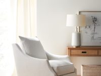 Rowe - White Swivel Armchair With Plush Cushions Under Wooden Console Table Near Large Mirror