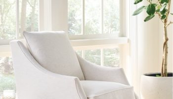 Rowe - White Swivel Chair With Plush Cushions Near Large Windows With Plant, Beside Textured Side Table, Home Decor