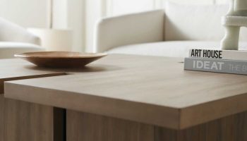 Rowe - Wooden Coffee Table With Books And Bowl Under White Sofa Near Large Mirror Home Decor