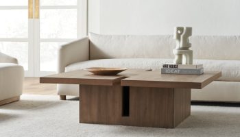 Rowe - Wooden Coffee Table With Books And Sculpture In Front Of White Sofa Home Decor