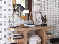 Rowe - Wooden Console Table With Books And Decor Under Large Round Mirror Near Striped Wallpaper