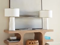 Rowe - Wooden Console Table With White Lamps Geometric Cutouts Books And Woven Basket Home Decor