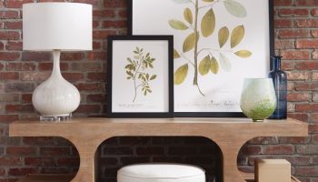 Rowe - Wooden Console Table With White Pouf White Lamp Framed Leaf Art On Brick Wall Home Decor