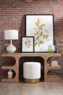 Rowe - Wooden Console Table With White Pouf White Lamp Framed Leaf Art On Brick Wall Home Decor