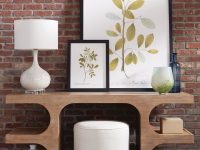 Rowe - Wooden Console Table With White Pouf White Lamp Framed Leaf Art On Brick Wall Home Decor