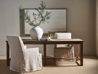 Rowe - Wooden Dining Table With Beige Slipcovered Chairs, White Vase Centerpiece, Under Framed Art, Home Decor