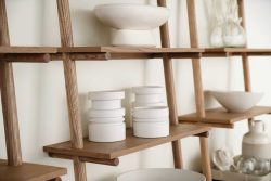 Rowe - Wooden Shelves With White Ceramic Bowls And Vases Home Decor
