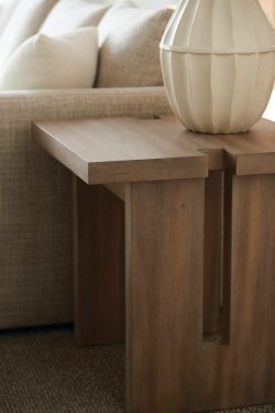 Rowe - Wooden Side Table With Cut-Out Design Near Beige Sofa With White Pillows