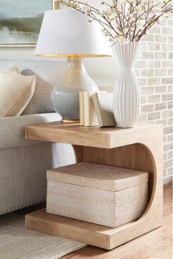 Rowe - Wooden Side Table With White Lamp, White Vase With Flowers, Books, And Woven Box Under Console Table Near Brick Wall