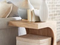 Rowe - Wooden Side Table With White Lamp, White Vase With Flowers, Books, And Woven Box Under Console Table Near Brick Wall
