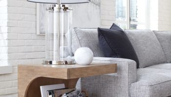 Rowe - Wooden Side Table With Woven Basket Under White Lamp Near Grey Sofa Home Decor