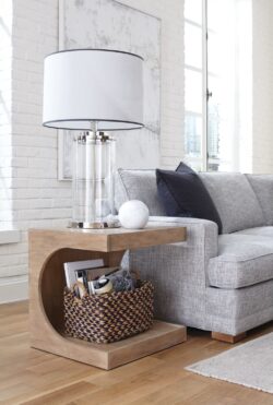 Rowe - Wooden Side Table With Woven Basket Under White Lamp Near Grey Sofa Home Decor